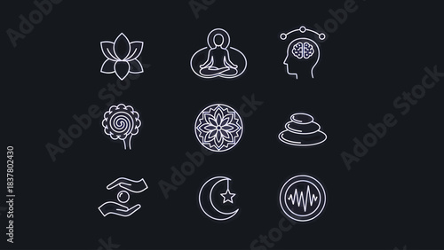 Set of nine white icons representing meditation, spirituality, and well-being on a dark background