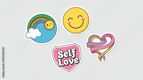 Assortment of cheerful and empowering stickers featuring a rainbow, smiley face, self-love shield, and heart ribbon