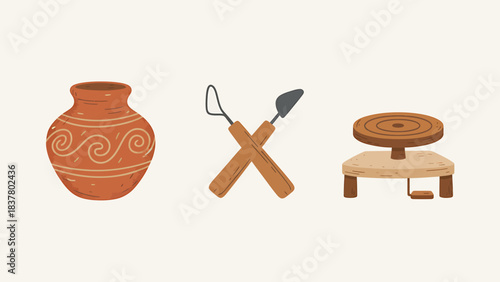Complete Pottery Crafting Set Featuring a Ceramic Wheel, Hand-Decorated Clay Vase, and Essential Sculpting Tools for Creative Artisans and Hobbyists