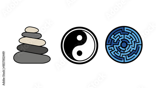 Collection of Iconic Symbols Illustrating Concepts of Zen Balance, Yin Yang Harmony, and Intricate Maze Challenges for Mindfulness and Spiritual Themes