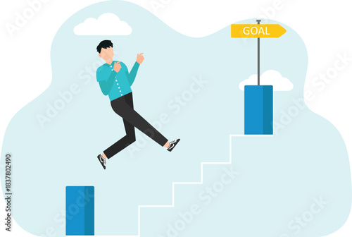 Achieving business goals through hard work, motivation and determination for great success, creative strategies to achieve excellence in work and career growth, man runs along steps to goal pointer.
