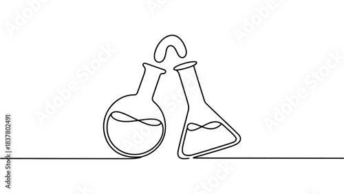  Minimalist line drawing of round-bottom and Erlenmeyer flasks with liquid and splash—ideal for science, chemistry, lab research, education, experimentation, and elegant graphic design visuals