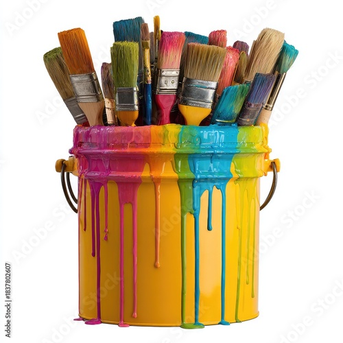 Paint-splattered bucket overflowing with various paintbrushes (1)