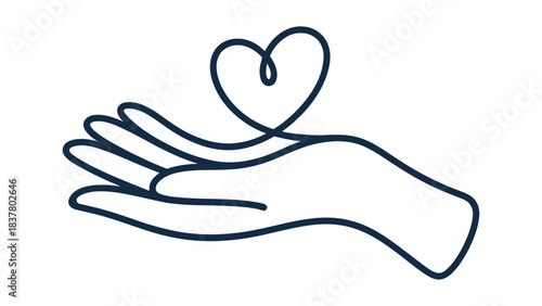  Minimalist line drawing of an open hand holding a heart—ideal for themes of care, compassion, charity, wellness, emotional support, healthcare, and elegant branding or design visuals