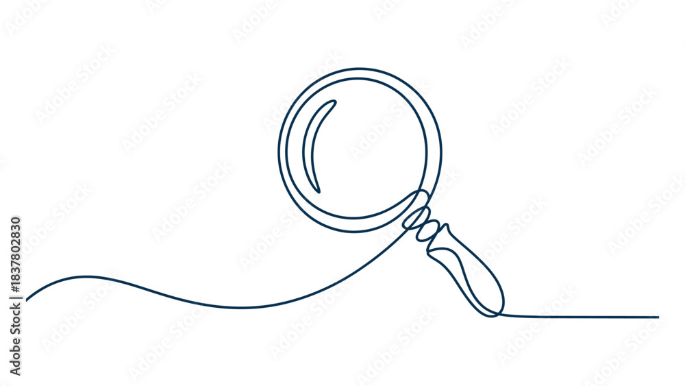 Obraz premium Minimalist continuous line drawing of a magnifying glass with circular lens and handle—ideal for search, investigation, research, scrutiny, branding, and elegant graphic design applications