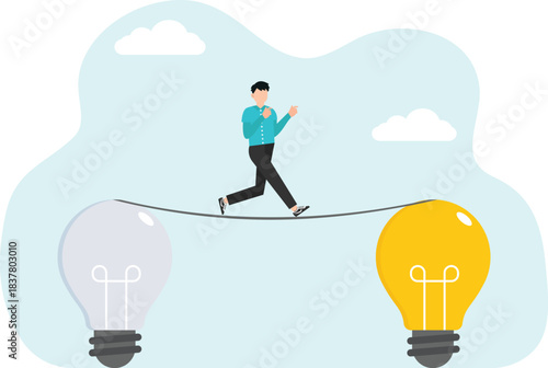 Studying and obtaining new knowledge to create innovations, developing intelligence and logic to find new opportunities, education and training courses, man stands near light bulb in academic hat.
