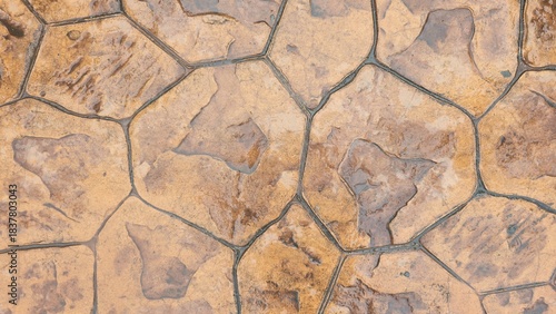 Billede på lærred A wet, orange-brown stamped concrete footpath with an irregular stone pattern