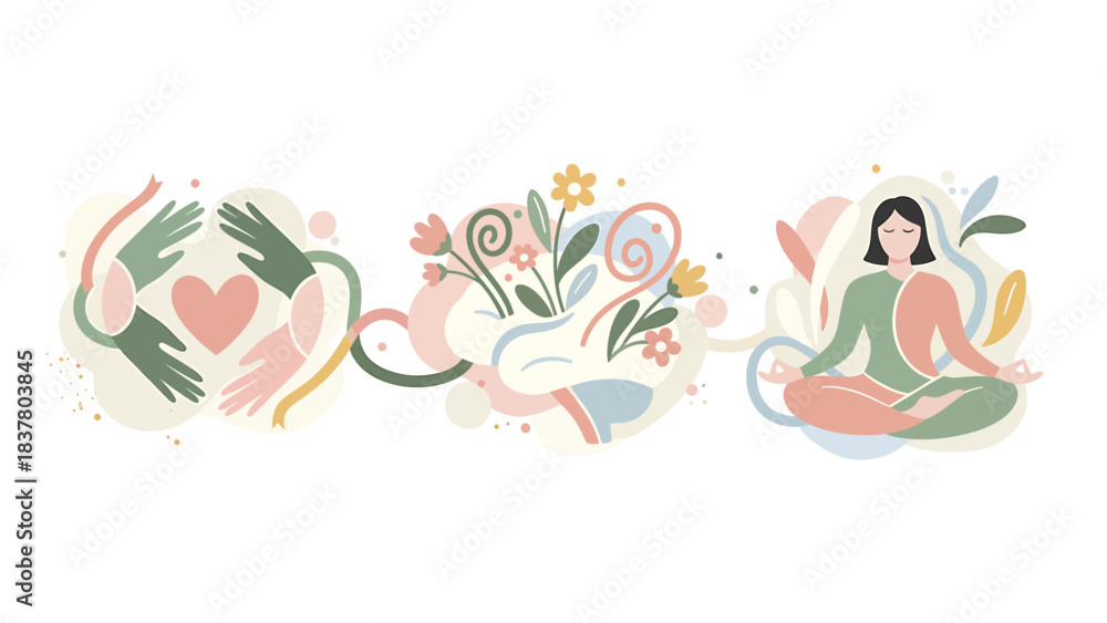 Fototapeta premium Cultivating Inner Peace Illustrated Journey of Empathy, Mindfulness, and Personal Growth for Mental Well-being and Self-Care