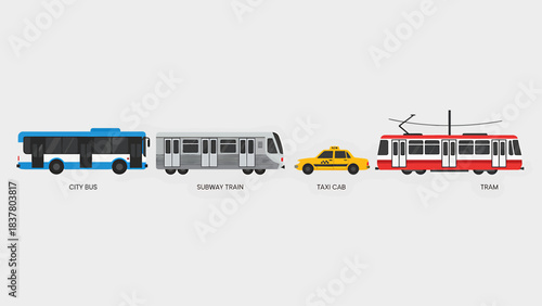 Collection of Various Urban Transportation Vehicles Including Bus, Subway, Taxi, and Tram
