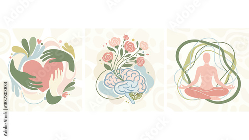 Mindfulness and Mental Well-being A Collection of Icons Representing Care, Growth, and Inner Peace