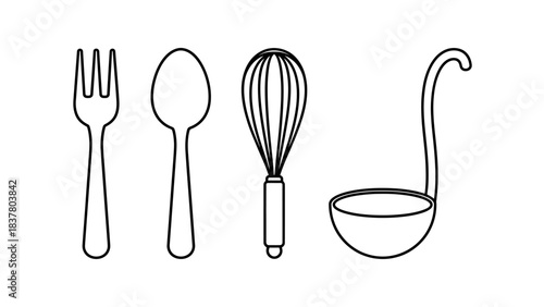 Clean vector line art illustration set of diverse kitchen utensils fork, spoon, whisk, and ladle, perfect for culinary and cooking graphic designs