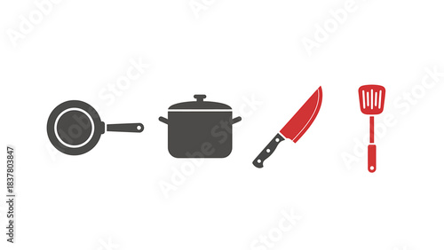 Collection of essential kitchen utensils including a frying pan, saucepan, chef's knife, and spatula, presented on a clean white background, showcasing culinary tools