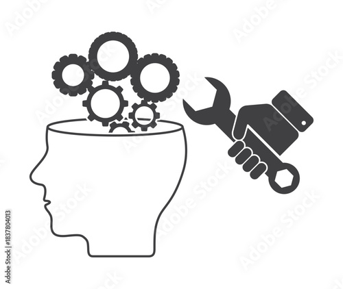 hand with wrench tune human head with gear wheels mechanism icon