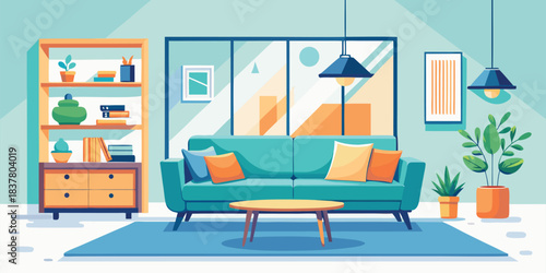 A cozy living room with a turquoise sofa, bookshelf, plants, and modern decor in a vector style
