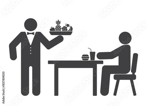 waiter person hold fruits dish and restaurant patron icon