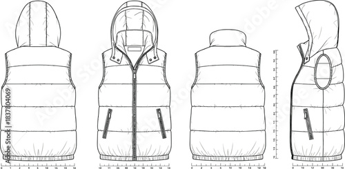 Padded vest flat sketch, detachable hood design, fashion technical drawing, multi-view illustration, garment template, apparel vector, outerwear blueprint, AW23 season style