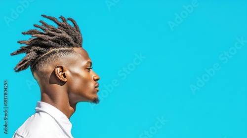 Man with styled coily hair and fade haircut looking sideways against a bright blue backdrop