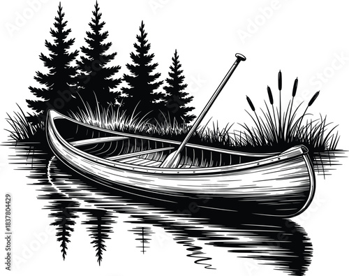 Vintage Canoe on Lake Forest Scene Line Art Illustration.