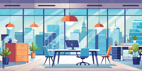A bright and modern office space with city view, featuring desks, chairs, and potted plants.

