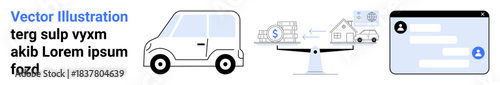 Financial stability, asset management, digital communication, budgeting, loan comparison, transportation costs. Scale balancing money and vehicles. Financial stability and asset management concept