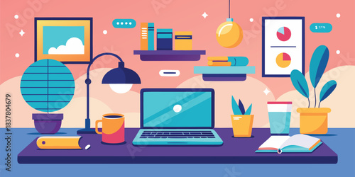 A colorful and creative workspace illustration featuring a laptop, plants, and study materials
