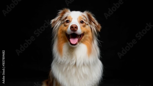 Tricolor blue merle Australian Shepherd dog portrait with bright brown eyes and happy expression, isolated on black background.
