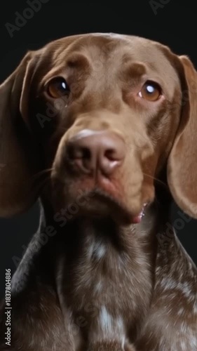 Expressive portrait of a German Shorthaired Pointer isolated on a black background. The camera slowly approaches, the dog is alert, calling or asking for something by barking. He looks sad but cute