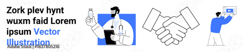 Doctor holding a bottle, handshake graphic, and person presenting on a laptop. Ideal for healthcare, teamwork, online education, collaboration, telemedicine, partnerships simple landing page