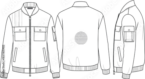 Technical flat drawing of bomber jacket with front zipper and flap pockets, vector illustration isolated on white background, apparel template for fashion design and specification use.