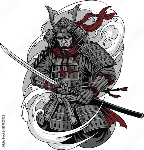 A powerful samurai warrior in gray and red armor with a katana. Asian art design