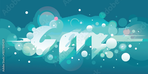 Abstract teal and white shapes with glowing circles and dots in a modern art style design
