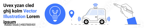 Self-driving vehicles, GPS navigation, transportation technology, innovation design, mobility solutions, smart car systems. Features car with wireless signals and location pin. Self-driving vehicles