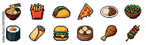Set of twelve pixel art food icons featuring international fast food and meals like ramen, tacos, pizza, and burgers in a retro 8-bit video game graphic style