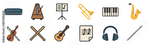 Collection of colorful flat design musical instrument icons and music accessories, including a harmonica, metronome, saxophone, violin, guitar, and headphones, presented in a clean, illustrative style