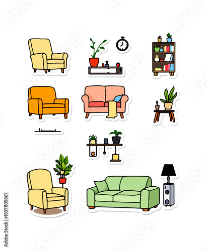Cartoon furniture illustrations with couches armchairs bookshelves and plants