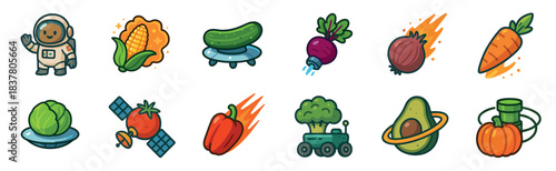 Delightful collection of cute cartoon space-themed vegetables and an astronaut, each whimsically depicted with cosmic elements and a playful, vibrant style