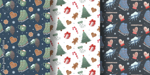 Three Christmas wrapping paper patterns dark blue with cocoa and pinecones, white with gifts and candy canes, and dark gray with skates and mittens. Festive seamless designs for seasonal packaging