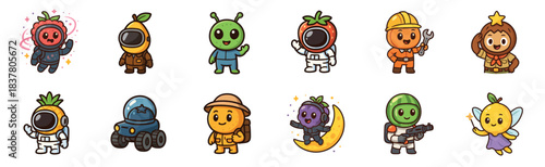 Cute cartoon characters depicting various imaginative roles and fruit-headed figures, presented in a cheerful, whimsical, and colorful vector illustration style