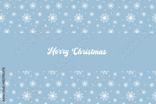 Christmas greeting design with Merry Christmas text in white cursive font on light blue background. Surrounded by decorative white snowflakes. Ideal for holiday cards and seasonal messages