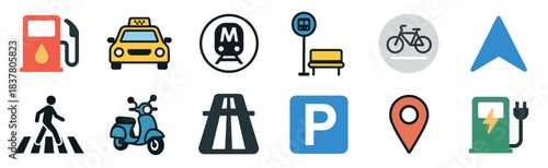 Diverse collection of colorful transportation and navigation icons depicting various travel methods, public transit, and essential location services in a modern flat style