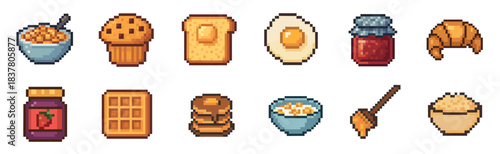 Delightful collection of pixel art breakfast food items, including cereal, toast, eggs, muffins, pancakes, waffles, jams, and a croissant, rendered in a charming retro video game style