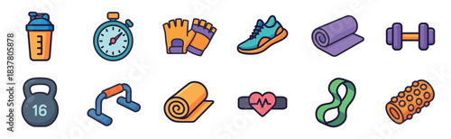 Vibrant collection of essential fitness and workout equipment icons, including various gym accessories and exercise gear, rendered in a cheerful cartoon style