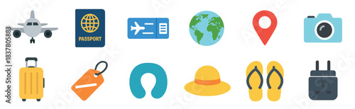 Collection of colorful flat design travel icons, including an airplane, passport, boarding pass, globe, camera, suitcase, and flip-flops, symbolizing international journeys and holiday preparations