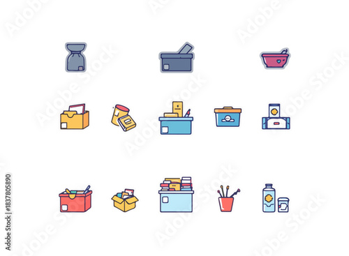 Collection of various illustrated icons representing office supplies and tools on black background