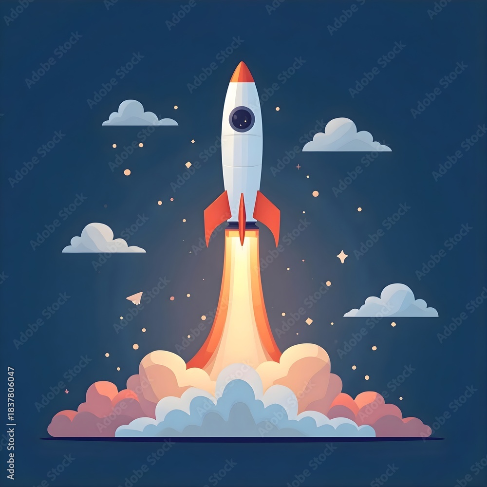 Fototapeta premium Rocket Launching into Night Sky with Clouds and Stars