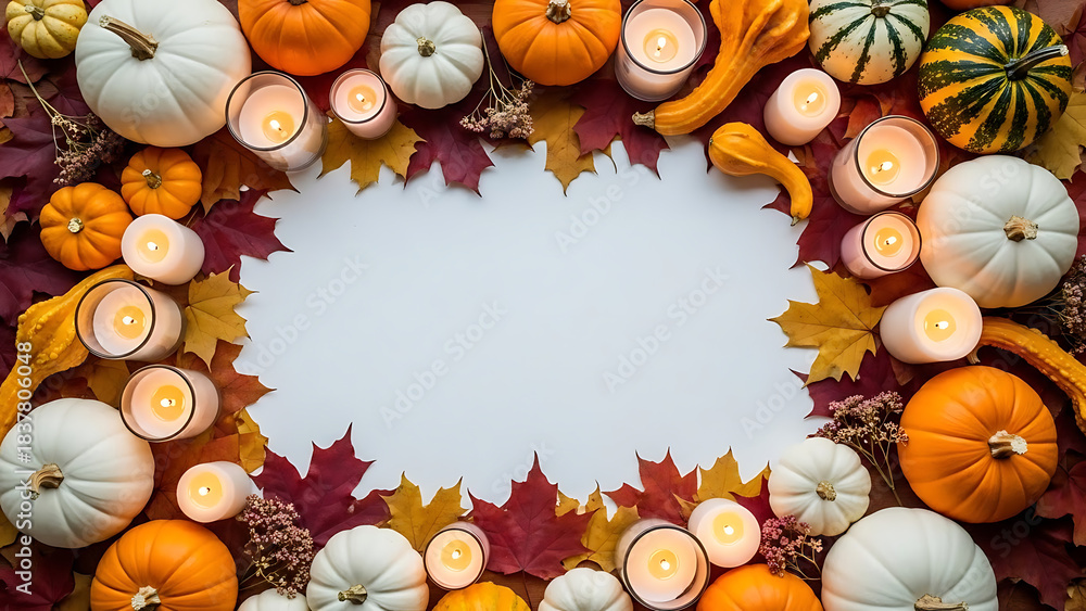 Obraz premium A top-down view of a festive autumn frame with colorful pumpkins, gourds, lit candles, and fall leaves surrounding a white copy space.