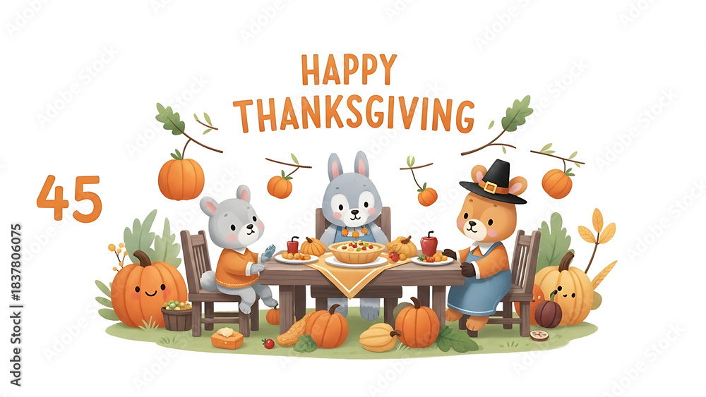 Obraz premium Cute cartoon animals celebrate Thanksgiving with a festive dinner table, pumpkins, and autumn decorations.
