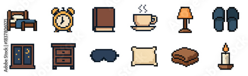 Collection of pixel art icons depicting various cozy bedroom and sleep-related objects, rendered in a charming retro 8-bit video game style with clear, distinct details