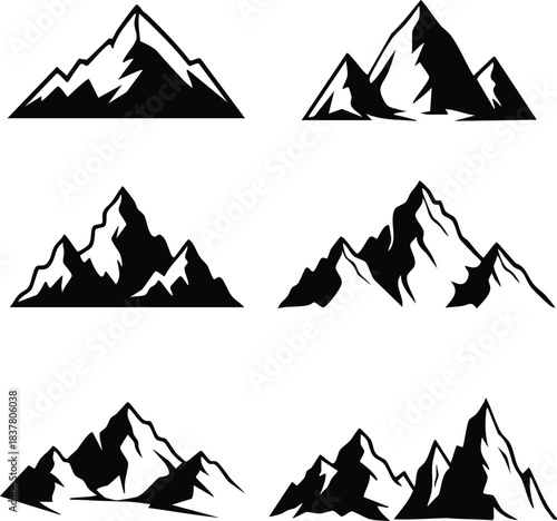 A set of black and white mountain peak silhouettes for travel and outdoor design
