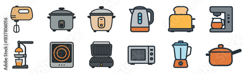 Various kitchen appliances and cooking items are neatly arranged in a colorful, modern flat design style, showcasing essential household electronics for meal preparation